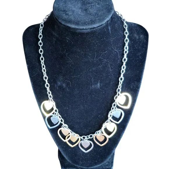 Milor Stainless Steel Multi-Tone Cutout Double Hearts Pendant 20" Necklace - Picture 2 of 6